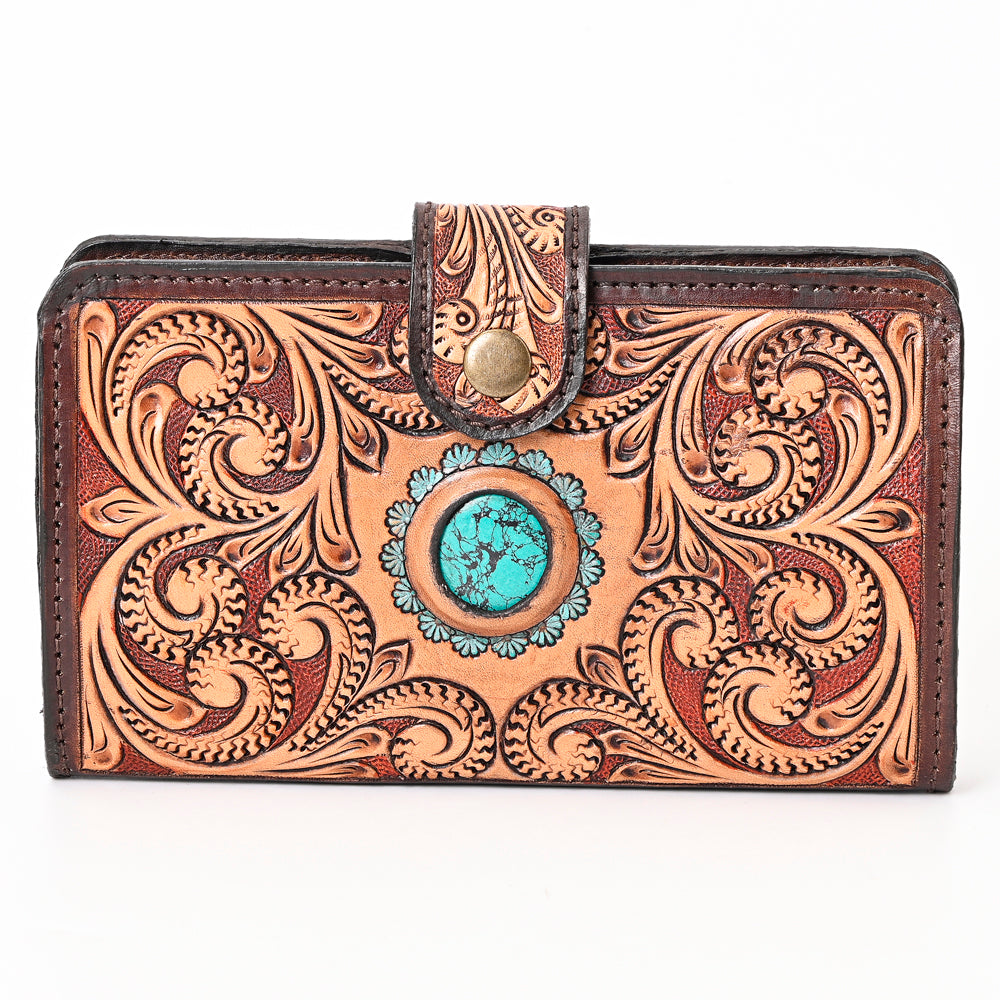 ADBGA397 Tooled Leather Wallet with Turquoise Stone Concho Western Clutch