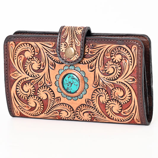 ADBGA397 Tooled Leather Wallet with Turquoise Stone Concho Western Clutch