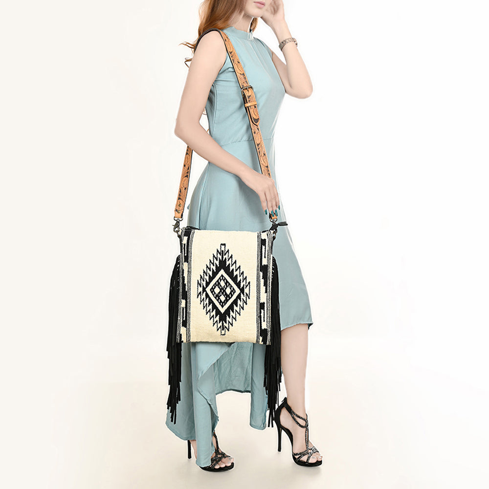 ADBG298 Shelby Western Crossbody Bag Handwoven Saddle Blanket & Genuine Leather Fringe