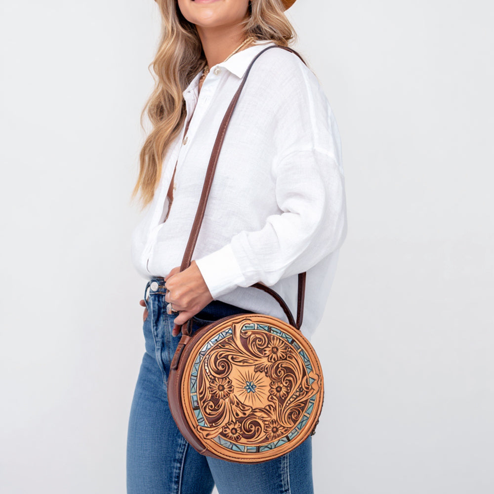 ADBG1188 American Darling Western Tooled Leather Canteen Bag Floral Carved Inlay