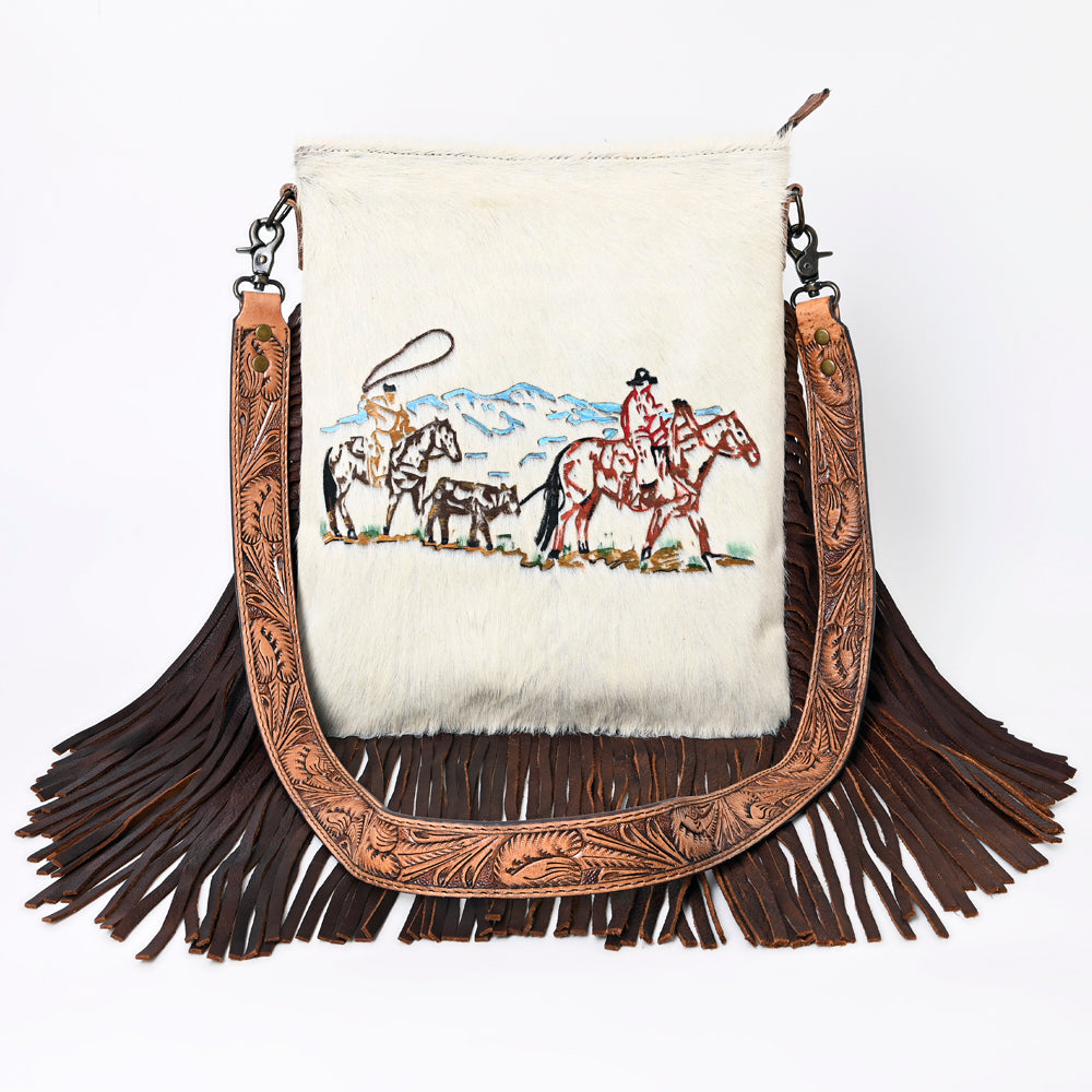 ADBGS192 Cowhide Large Crossbody Bag with Tooled Strap & Fringe - Western Rodeo Purse