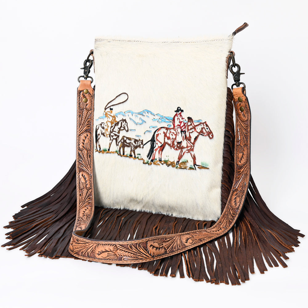 ADBGS192 Cowhide Large Crossbody Bag with Tooled Strap & Fringe - Western Rodeo Purse