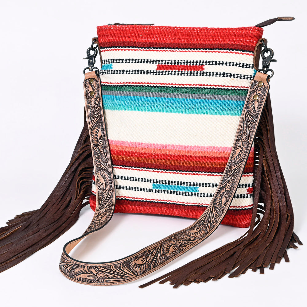 ADBGS192 Wool Large Crossbody Bag with Tooled Leather Strap and Fringe - Western Boho Purse