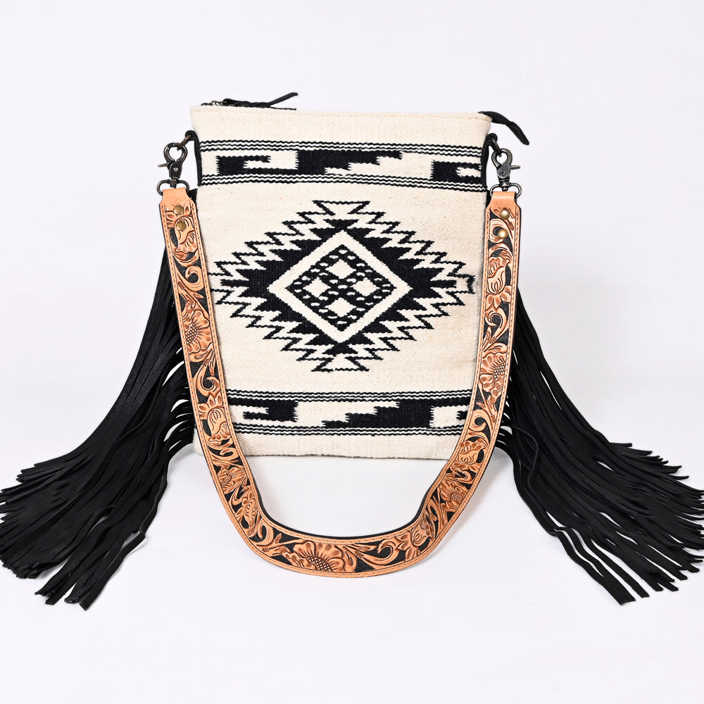 ADBGS192 Wool Large Crossbody Bag with Tooled Leather Strap and Fringe - Western Boho Purse