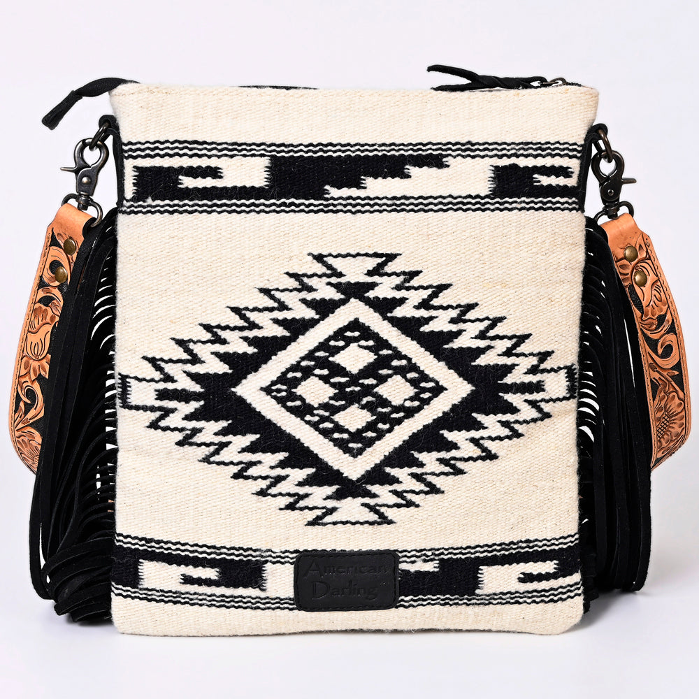 ADBGS192 Wool Large Crossbody Bag with Tooled Leather Strap and Fringe - Western Boho Purse