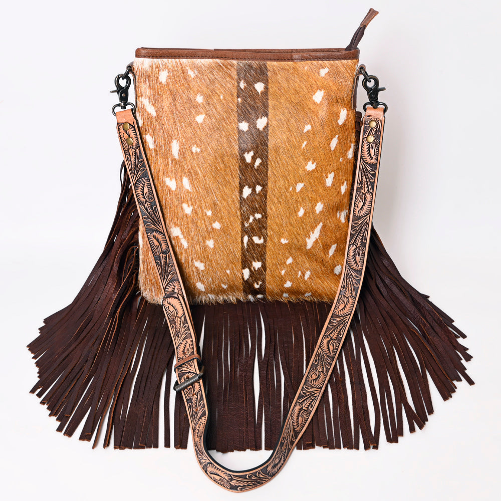 ADBGS192 Natural Cowhide Large Crossbody Bag with Fringe - Tooled Strap Western Purse