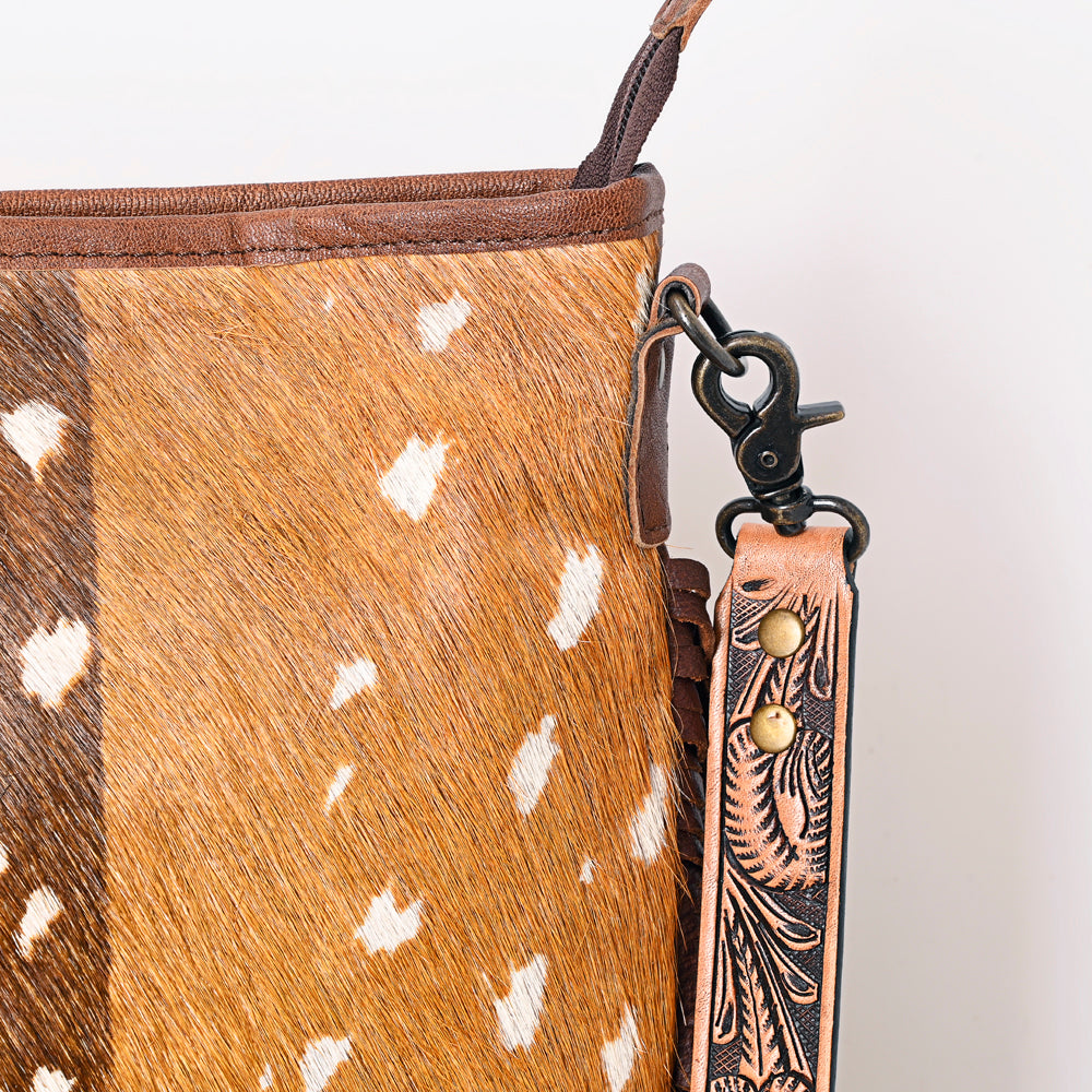 ADBGS192 Natural Cowhide Large Crossbody Bag with Fringe - Tooled Strap Western Purse