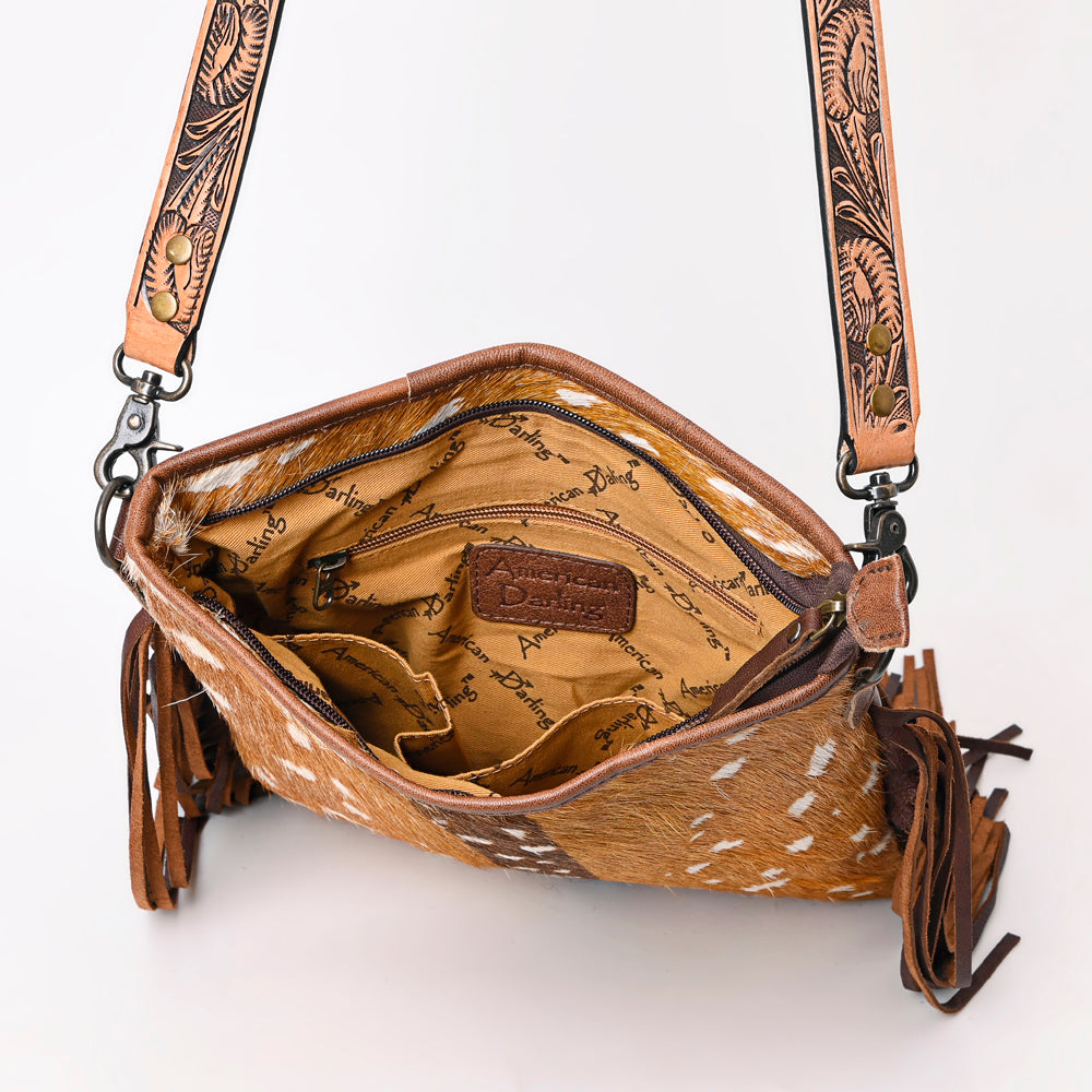 ADBGS192 Natural Cowhide Large Crossbody Bag with Fringe - Tooled Strap Western Purse