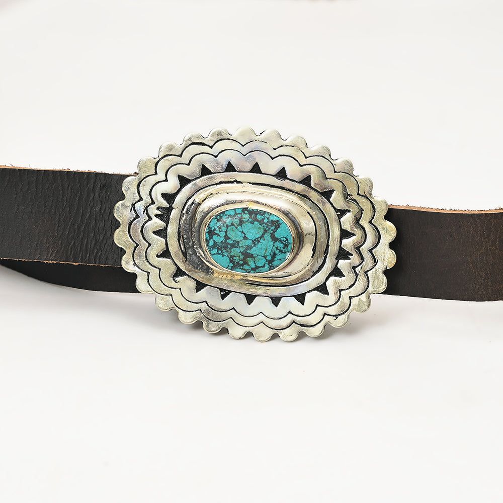 ADBLA105 Turquoise Concho Western Leather Belt with Silver Accents