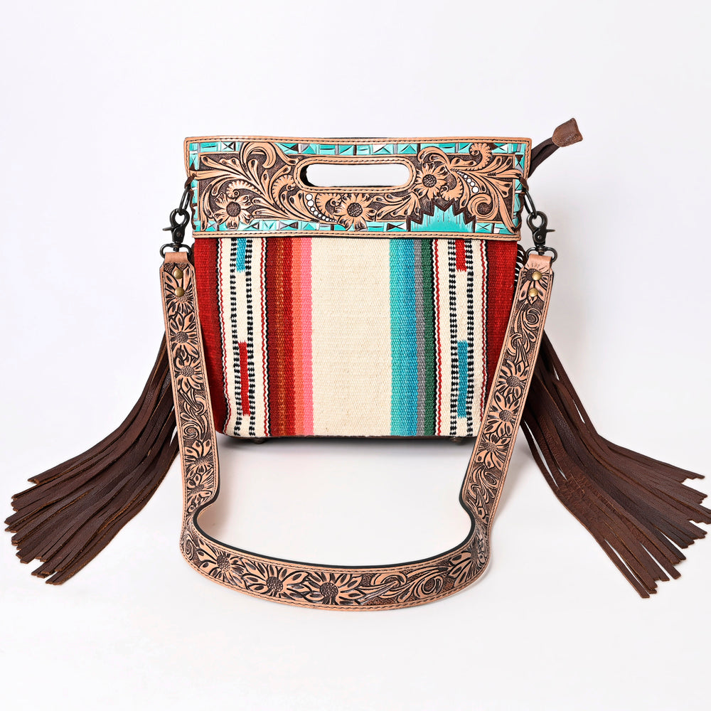 ADBGS146 Serape Wool & Turquoise Tooled Leather Crossbody - Fiesta Fringe Edition