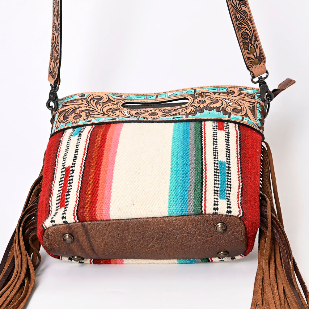 ADBGS146 Serape Wool & Turquoise Tooled Leather Crossbody - Fiesta Fringe Edition