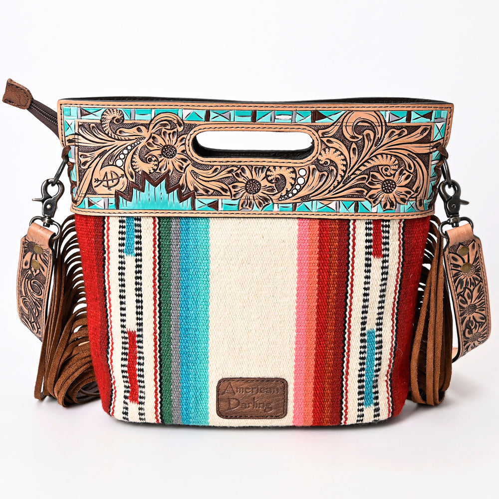 ADBGS146 Serape Wool & Turquoise Tooled Leather Crossbody - Fiesta Fringe Edition