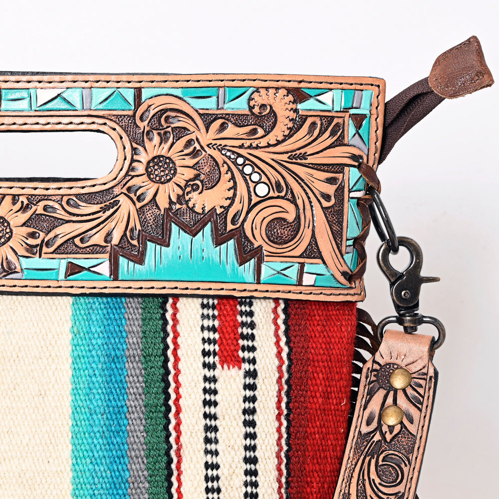 ADBGS146 Serape Wool & Turquoise Tooled Leather Crossbody - Fiesta Fringe Edition