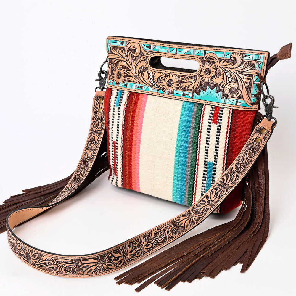 ADBGS146 Serape Wool & Turquoise Tooled Leather Crossbody - Fiesta Fringe Edition