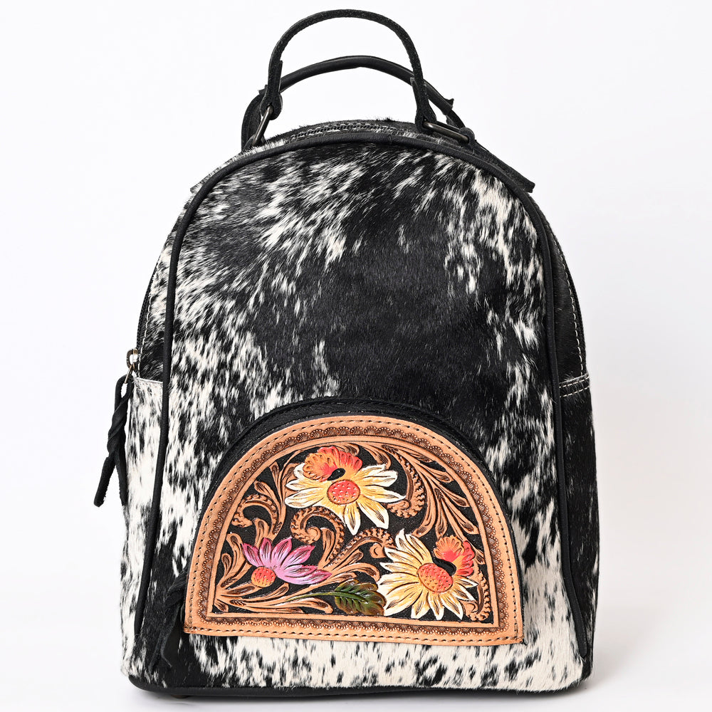 ADBGS156 Genuine Cowhide Leather Backpack with Hand-Tooled Floral Patch - Western Rodeo Style