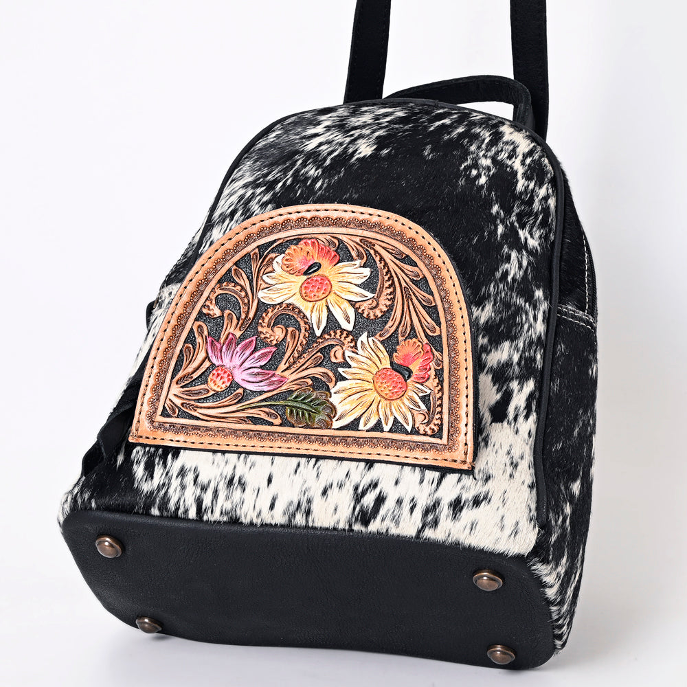 ADBGS156 Genuine Cowhide Leather Backpack with Hand-Tooled Floral Patch - Western Rodeo Style