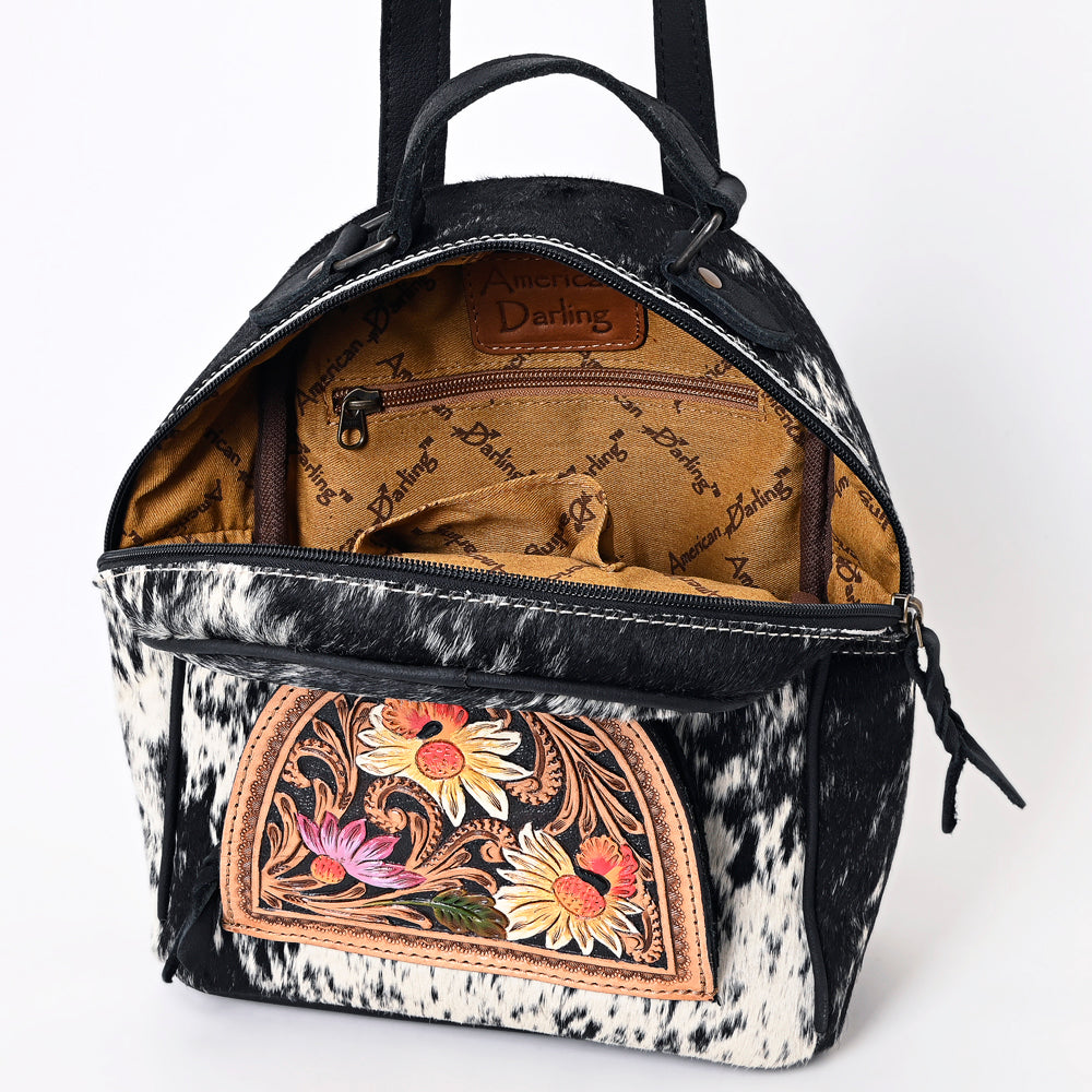 ADBGS156 Genuine Cowhide Leather Backpack with Hand-Tooled Floral Patch - Western Rodeo Style