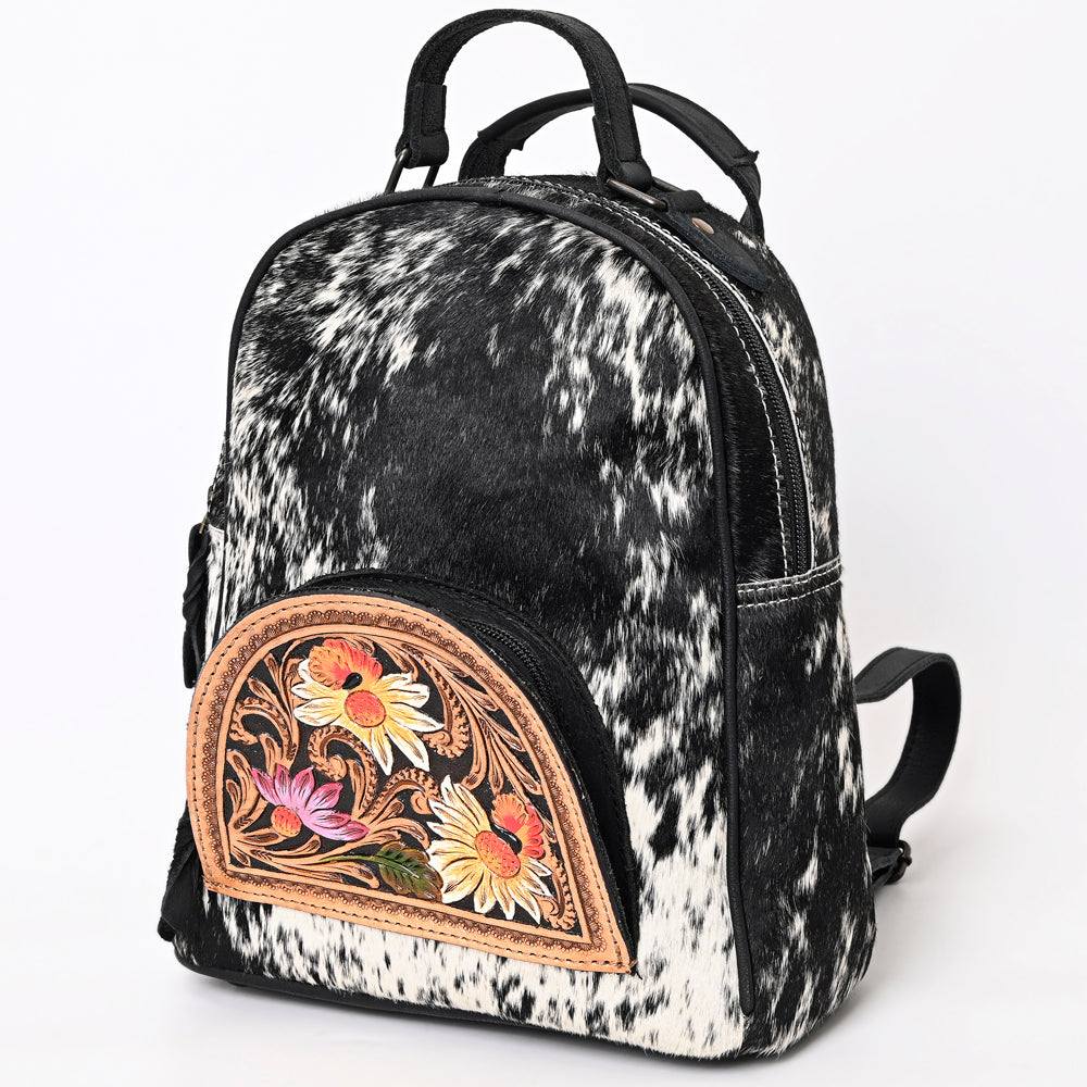 ADBGS156 Genuine Cowhide Leather Backpack with Hand-Tooled Floral Patch - Western Rodeo Style