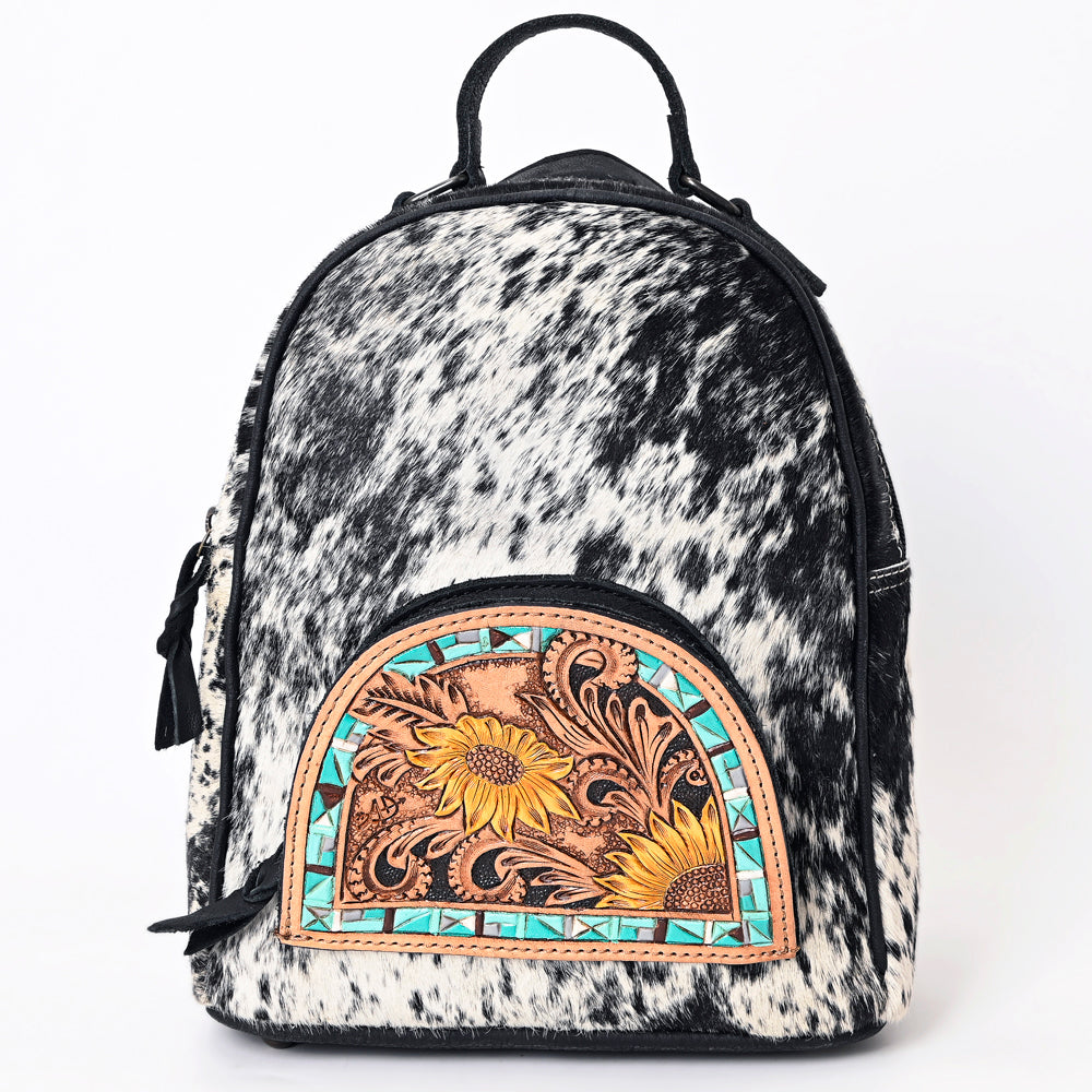 ADBGS156 Genuine Cowhide Leather Backpack with Hand-Tooled Floral Patch - Western Rodeo Style