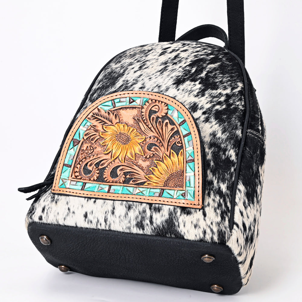 ADBGS156 Genuine Cowhide Leather Backpack with Hand-Tooled Floral Patch - Western Rodeo Style