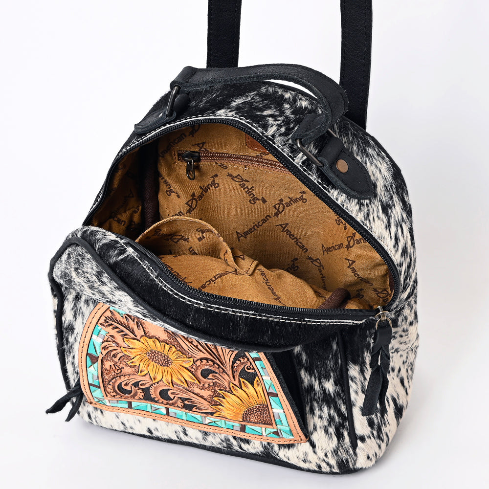 ADBGS156 Genuine Cowhide Leather Backpack with Hand-Tooled Floral Patch - Western Rodeo Style