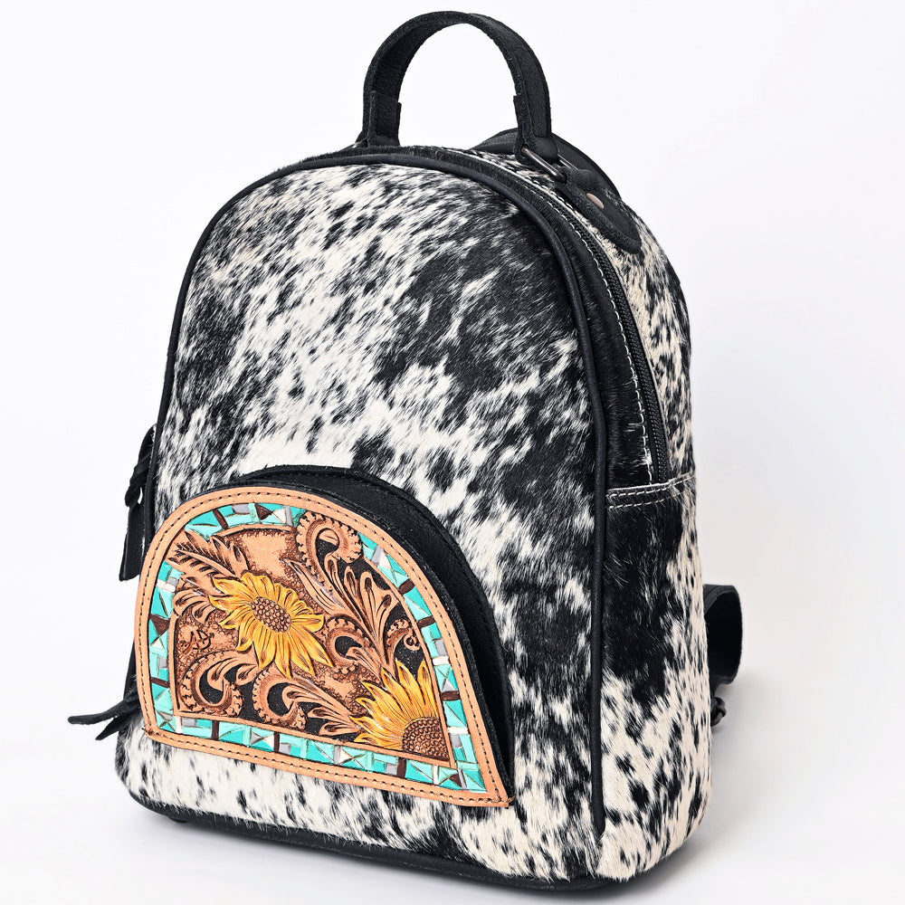 ADBGS156 Genuine Cowhide Leather Backpack with Hand-Tooled Floral Patch - Western Rodeo Style