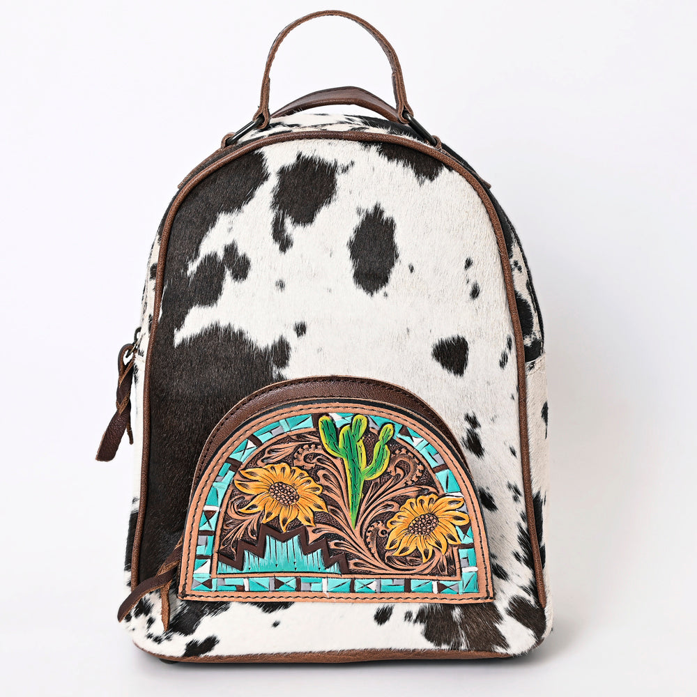 ADBGS156 Genuine Cowhide Leather Backpack with Hand-Tooled Floral Patch - Western Rodeo Style