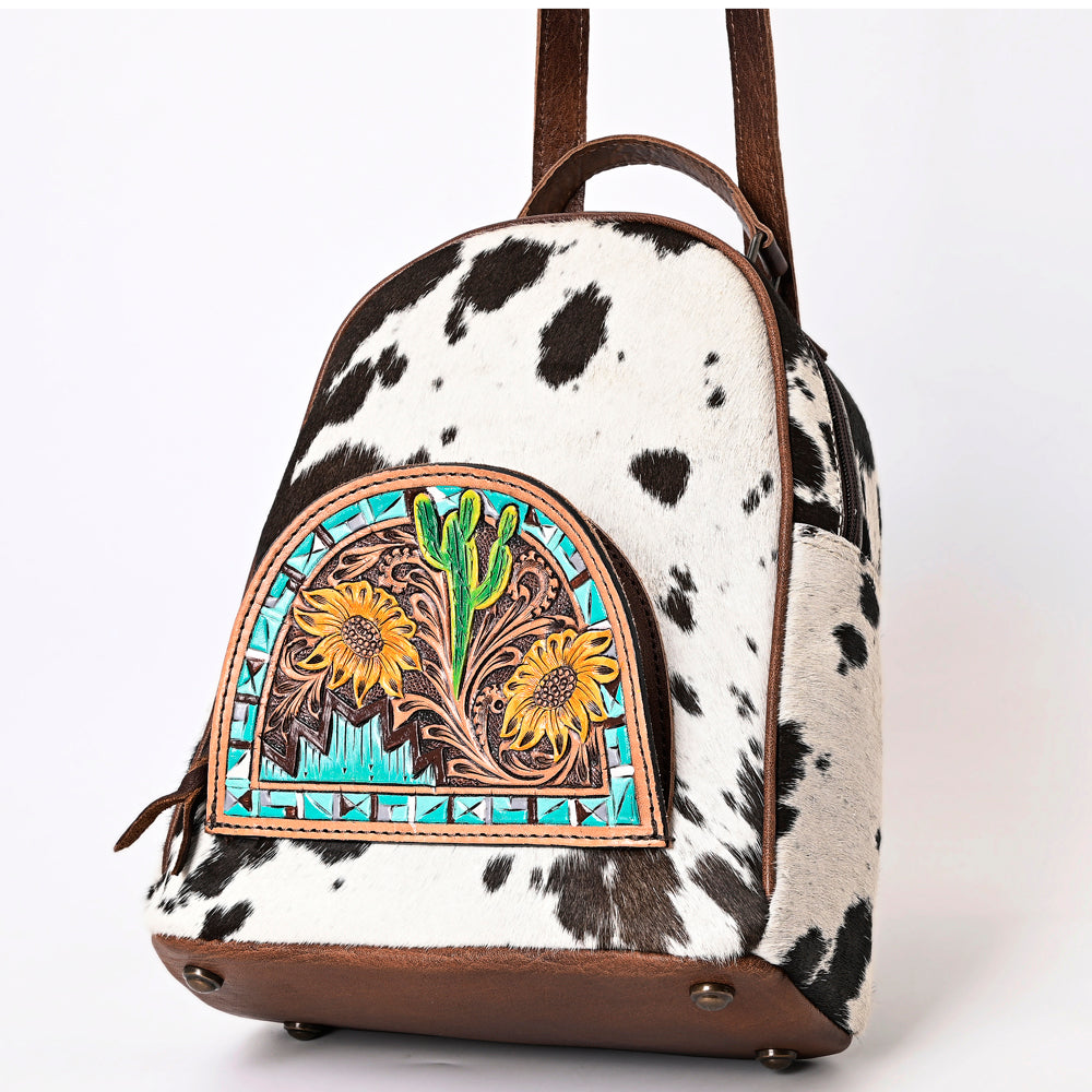 ADBGS156 Genuine Cowhide Leather Backpack with Hand-Tooled Floral Patch - Western Rodeo Style