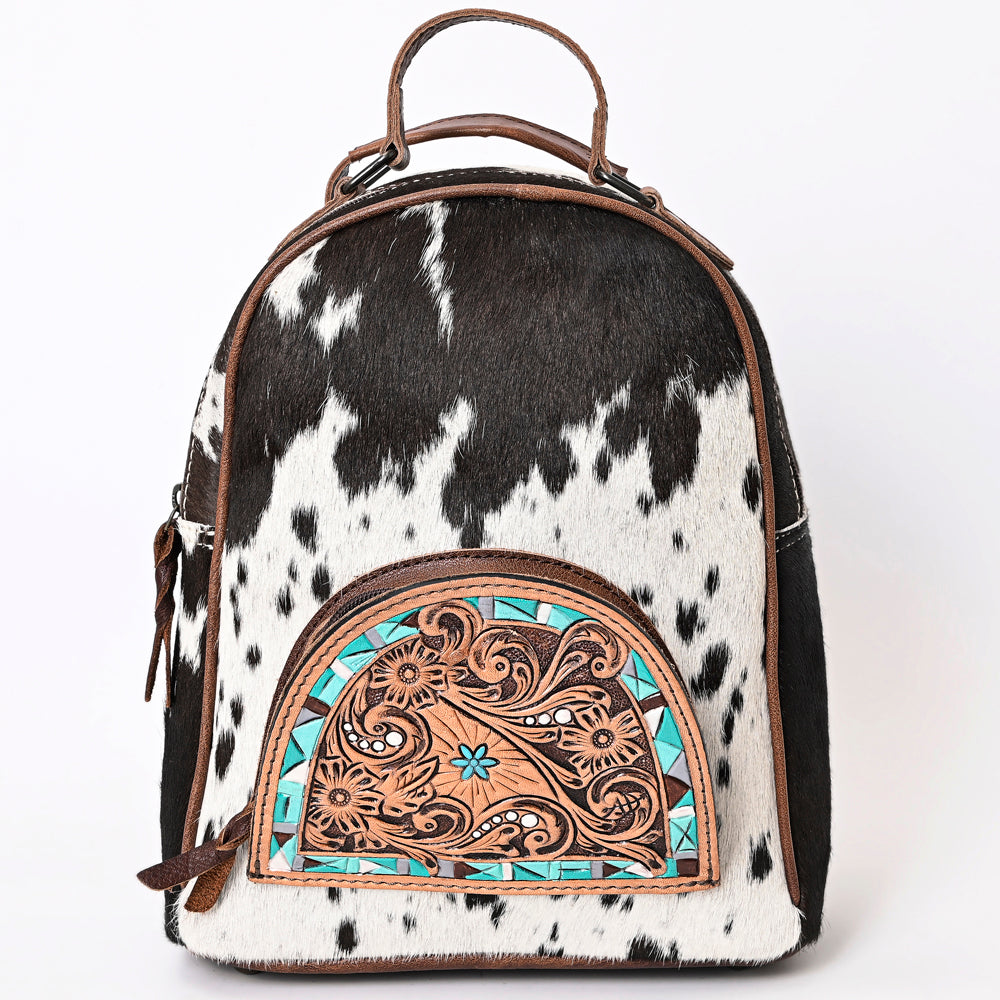 ADBGS156 Genuine Cowhide Leather Backpack with Hand-Tooled Floral Patch - Western Rodeo Style