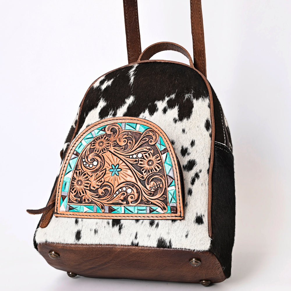 ADBGS156 Genuine Cowhide Leather Backpack with Hand-Tooled Floral Patch - Western Rodeo Style