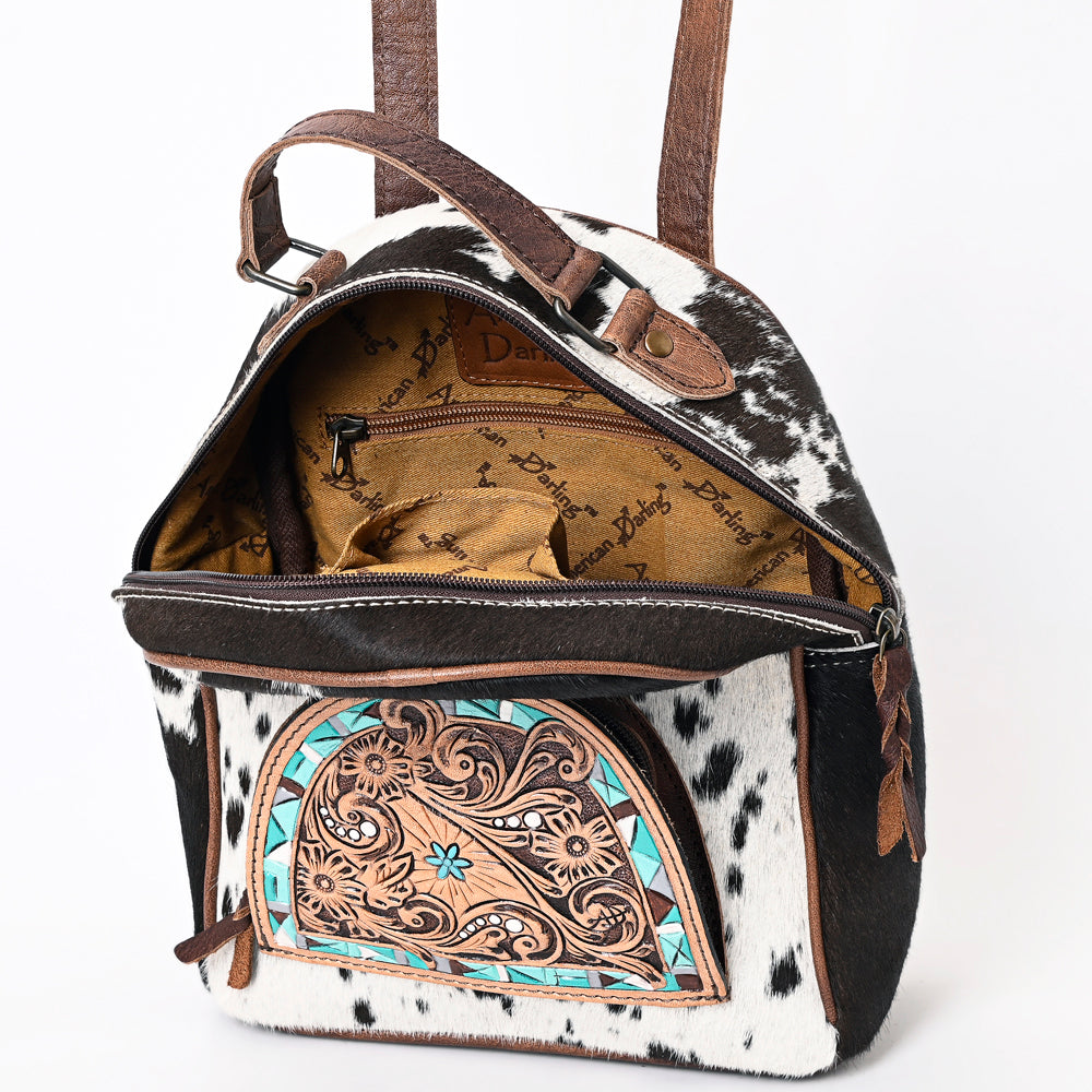 ADBGS156 Genuine Cowhide Leather Backpack with Hand-Tooled Floral Patch - Western Rodeo Style