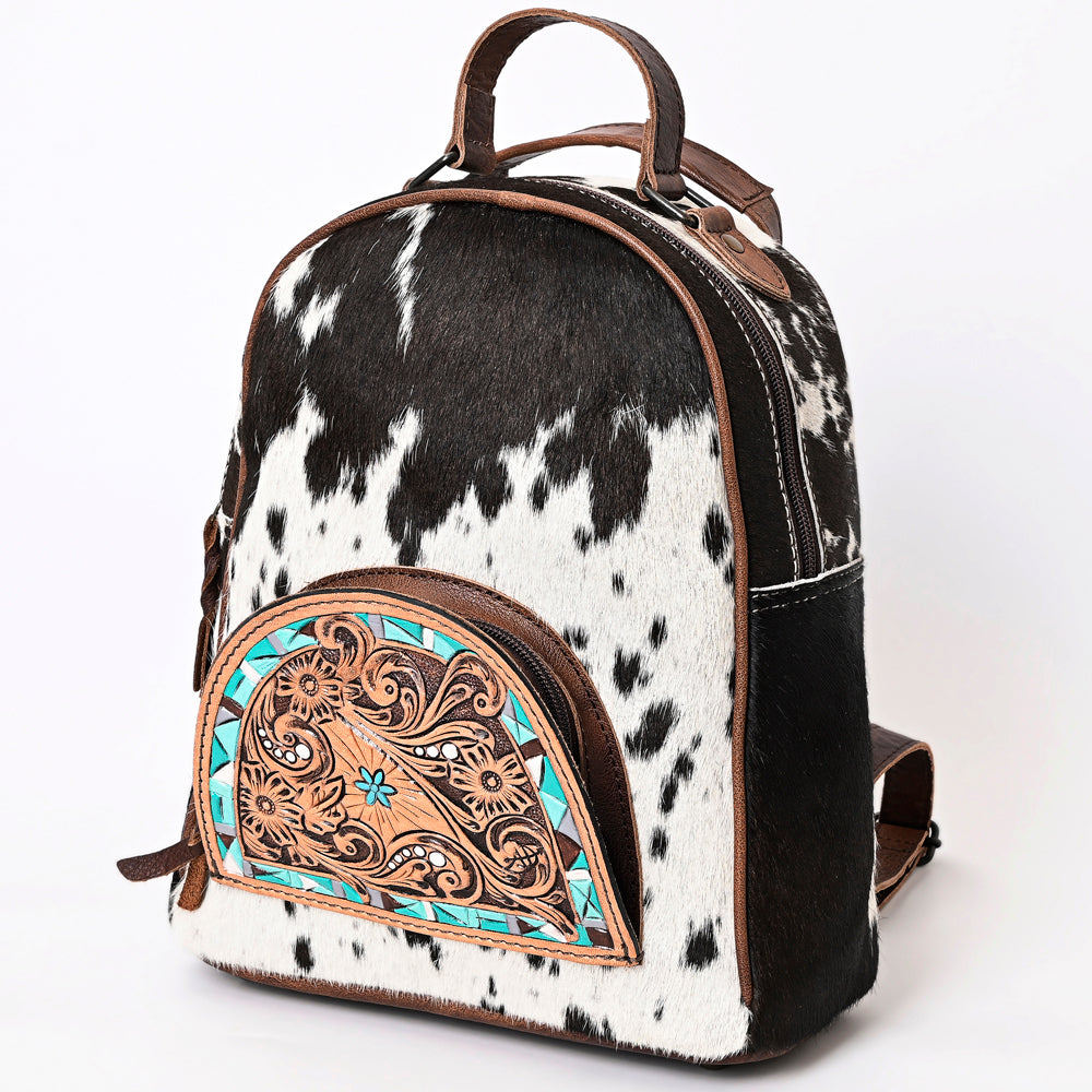 ADBGS156 Genuine Cowhide Leather Backpack with Hand-Tooled Floral Patch - Western Rodeo Style
