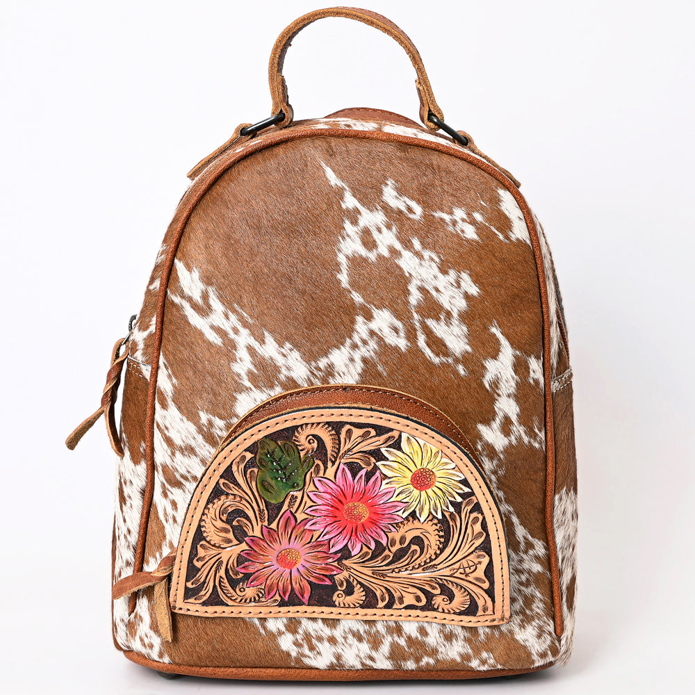 ADBGS156 Genuine Cowhide Leather Backpack with Hand-Tooled Floral Patch - Western Rodeo Style