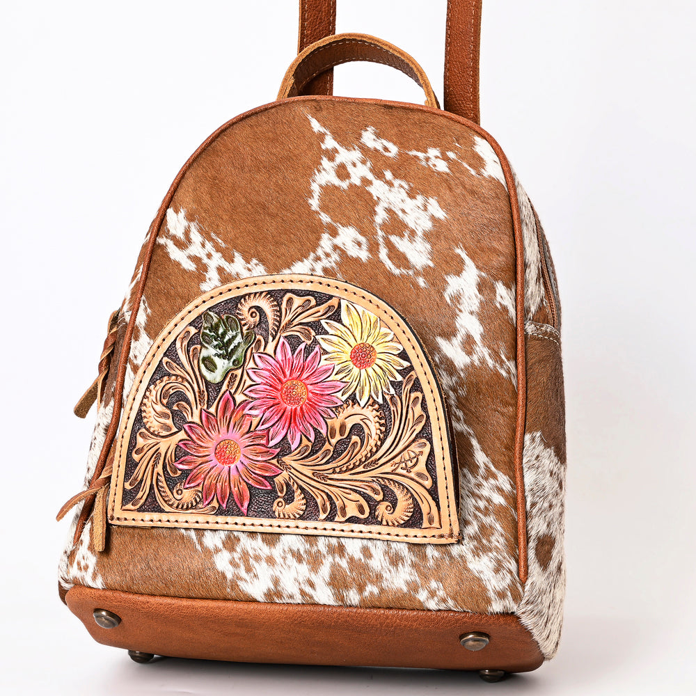 ADBGS156 Genuine Cowhide Leather Backpack with Hand-Tooled Floral Patch - Western Rodeo Style