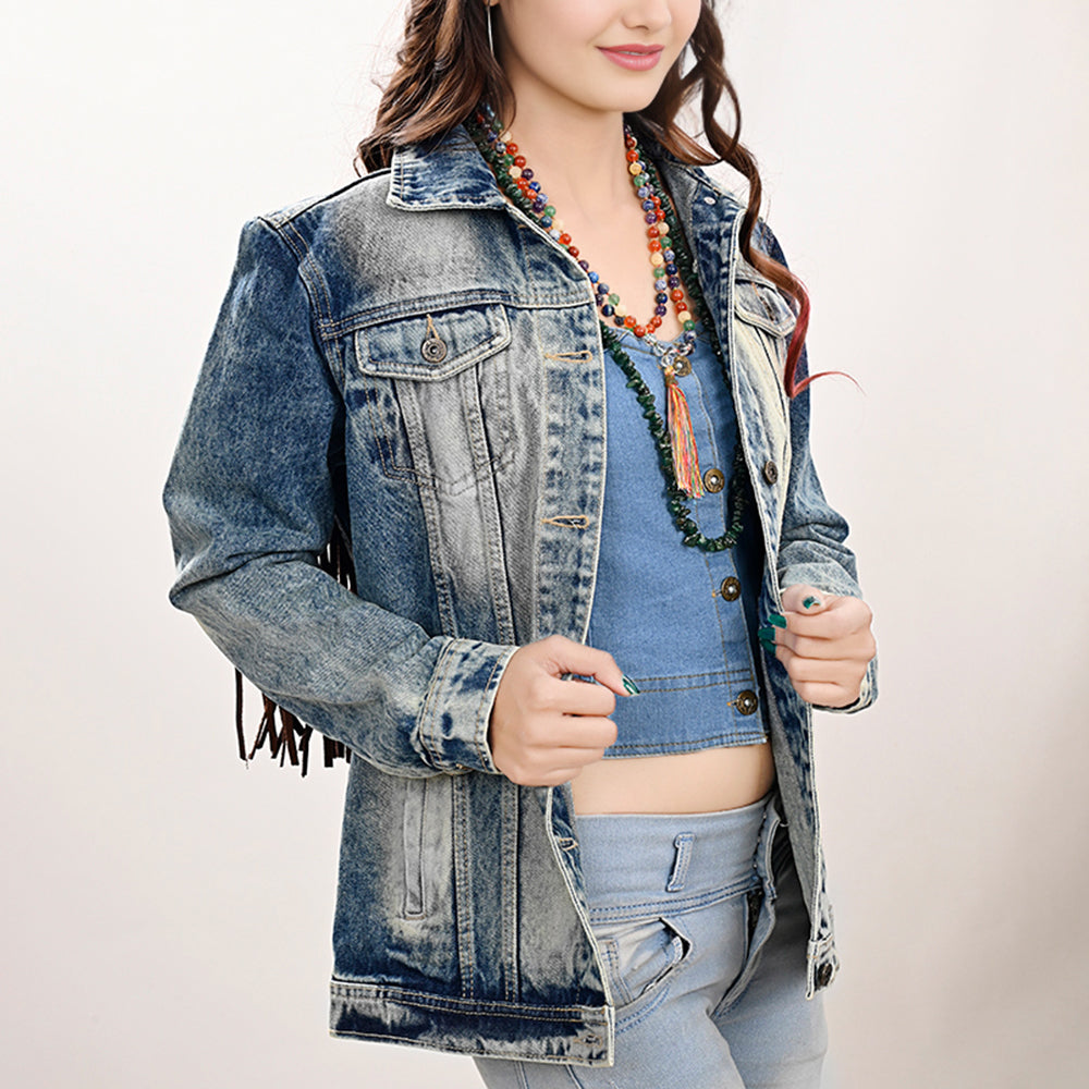 LC-ADJKT018 Tooled Leather Yoke Denim Jacket with Fringe