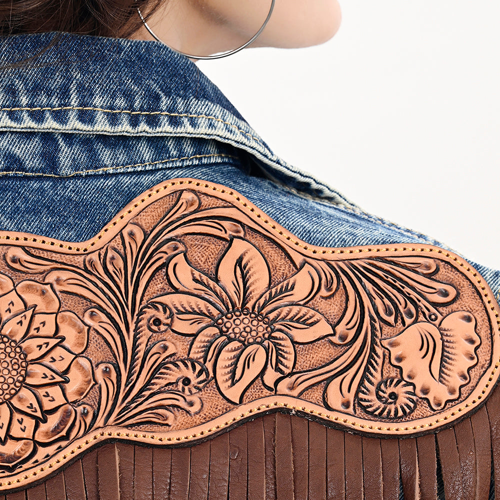 LC-ADJKT018 Tooled Leather Yoke Denim Jacket with Fringe