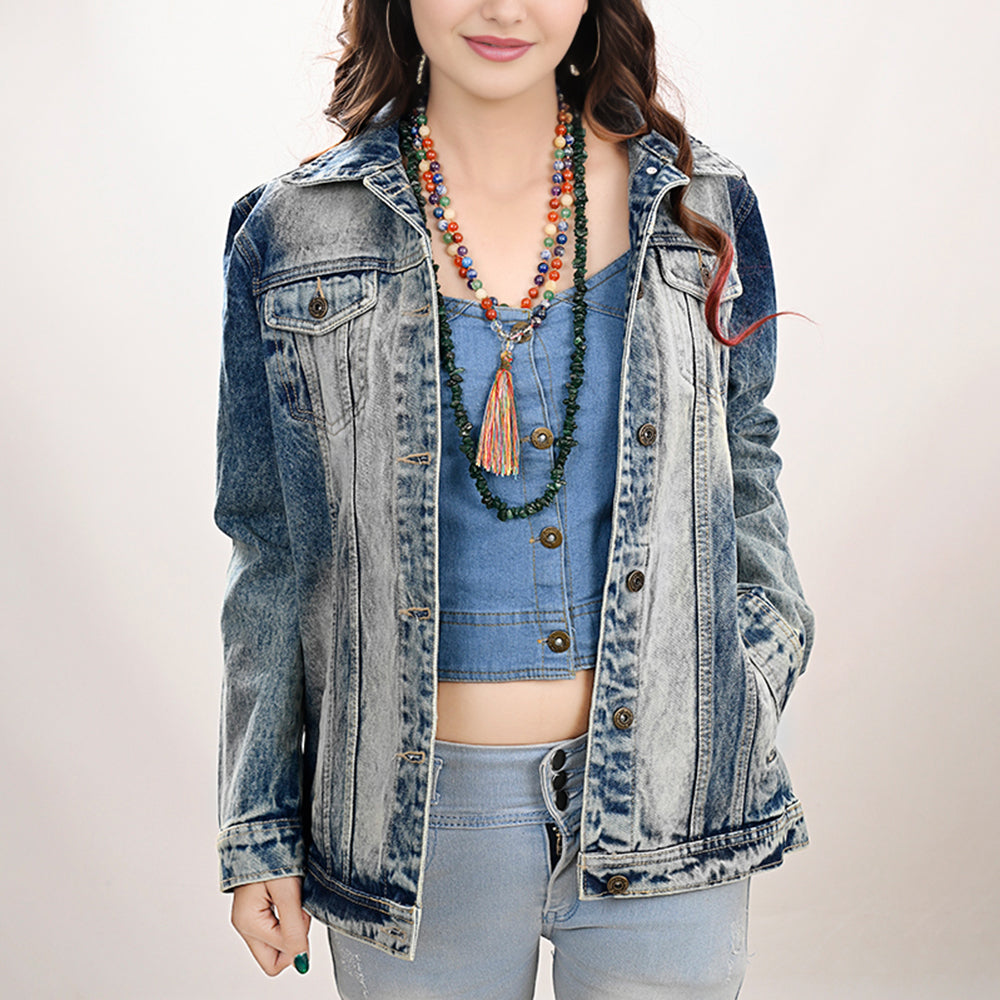 LC-ADJKT018 Tooled Leather Yoke Denim Jacket with Fringe