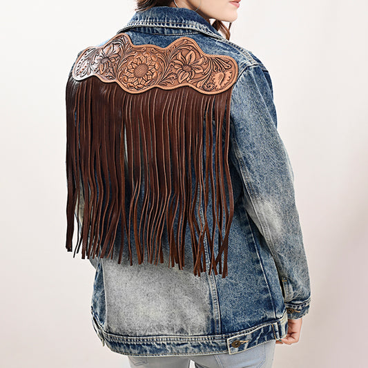 LC-ADJKT018 Tooled Leather Yoke Denim Jacket with Fringe