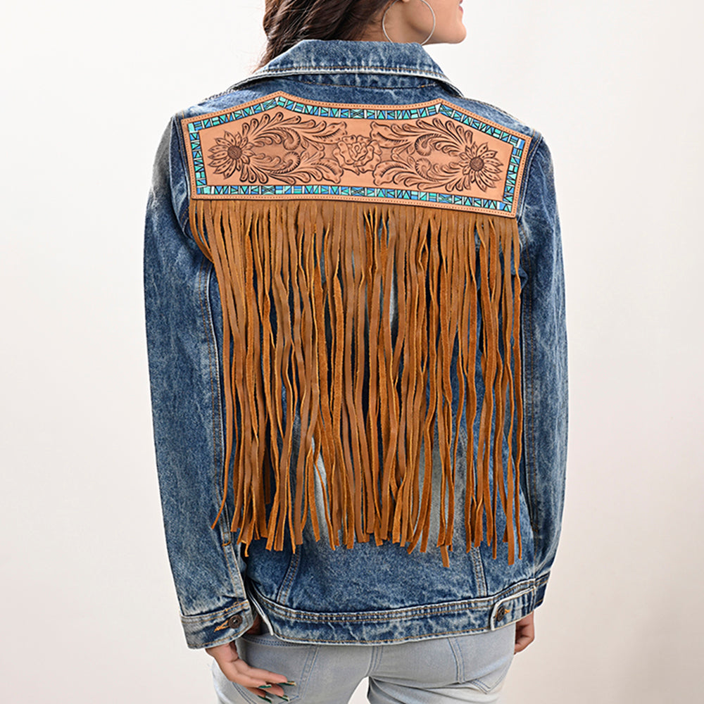 LC-ADJKT019 Turquoise Accented Tooled Leather Denim Jacket with Fringe