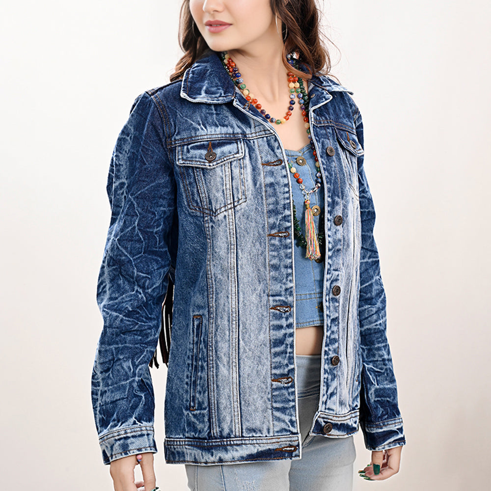 LC-ADJKT020 Classic Tooled Leather Fringe Denim Jacket - Western Style