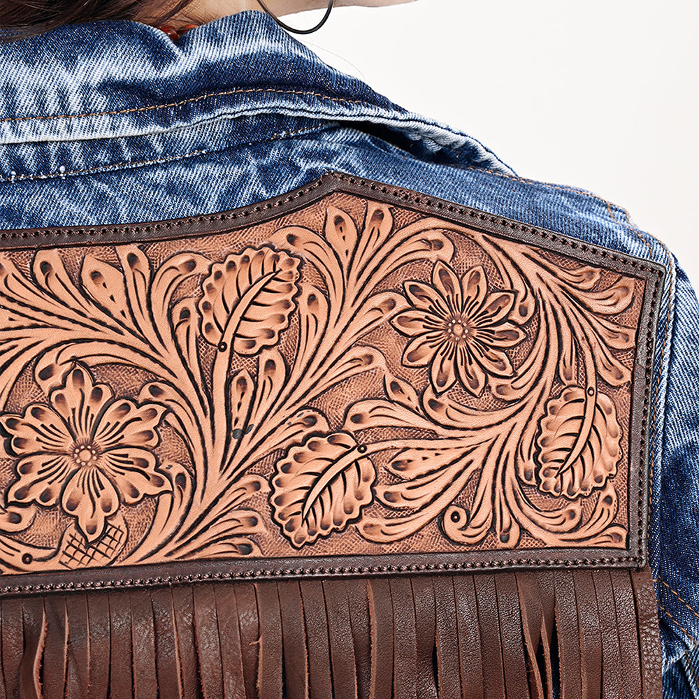 LC-ADJKT020 Classic Tooled Leather Fringe Denim Jacket - Western Style