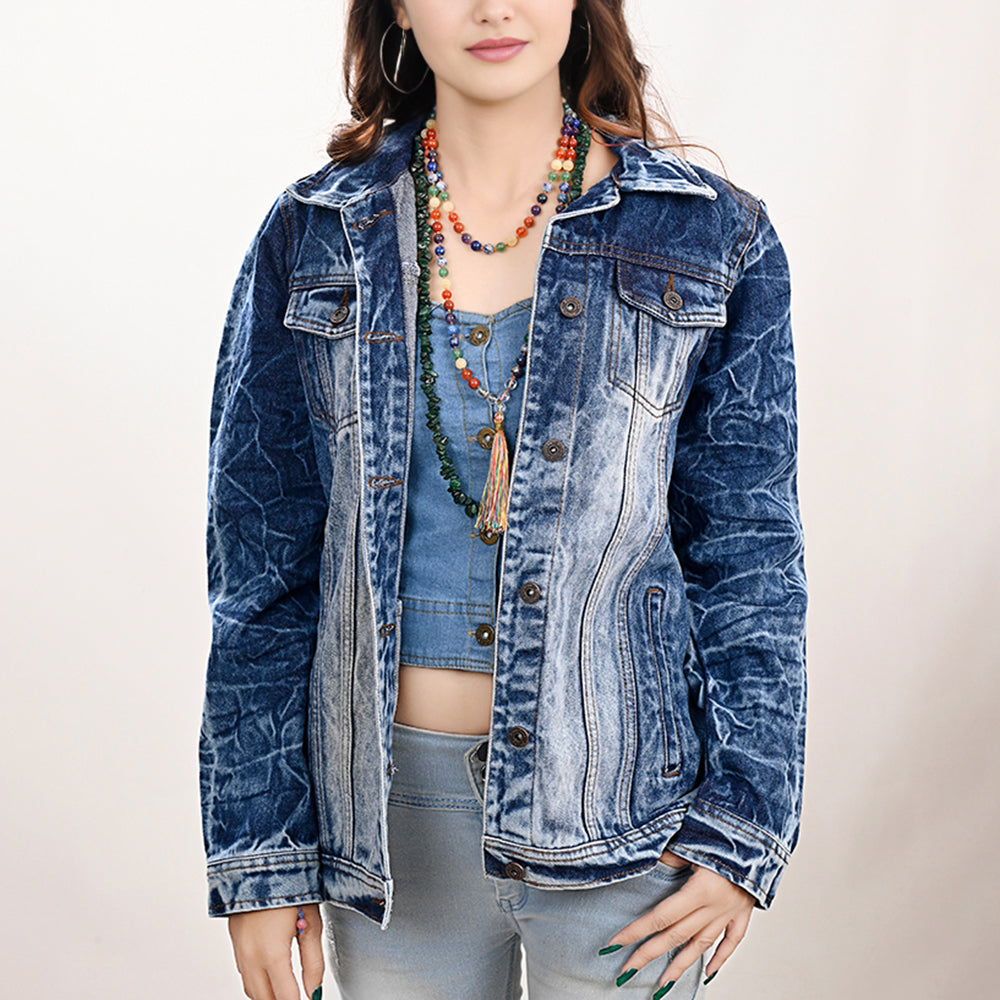 LC-ADJKT020 Classic Tooled Leather Fringe Denim Jacket - Western Style