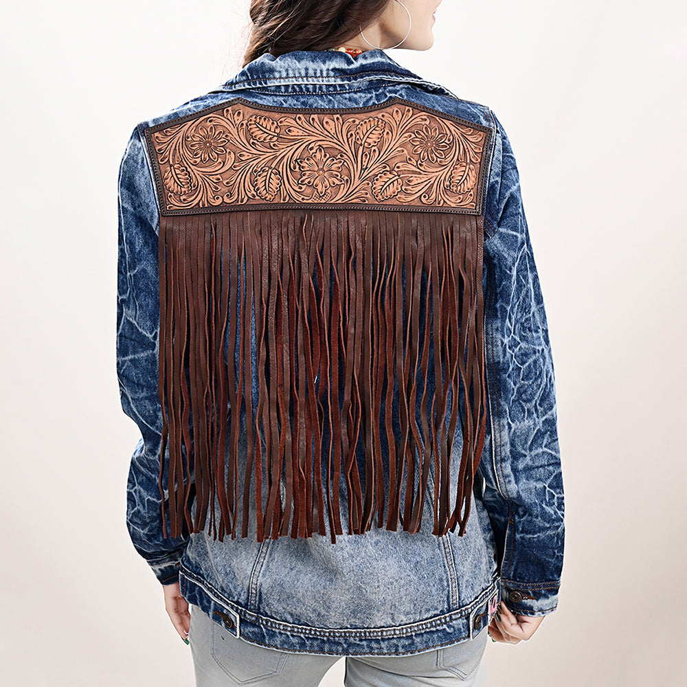 LC-ADJKT020 Classic Tooled Leather Fringe Denim Jacket - Western Style