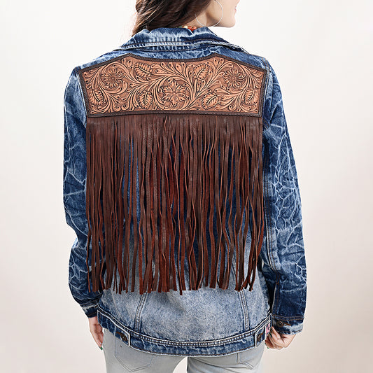 LC-ADJKT020 Classic Tooled Leather Fringe Denim Jacket - Western Style