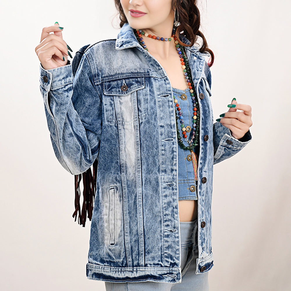 LC-ADJKT022 Bronc Rider Tooled Leather Denim Jacket - Fringe Western Style