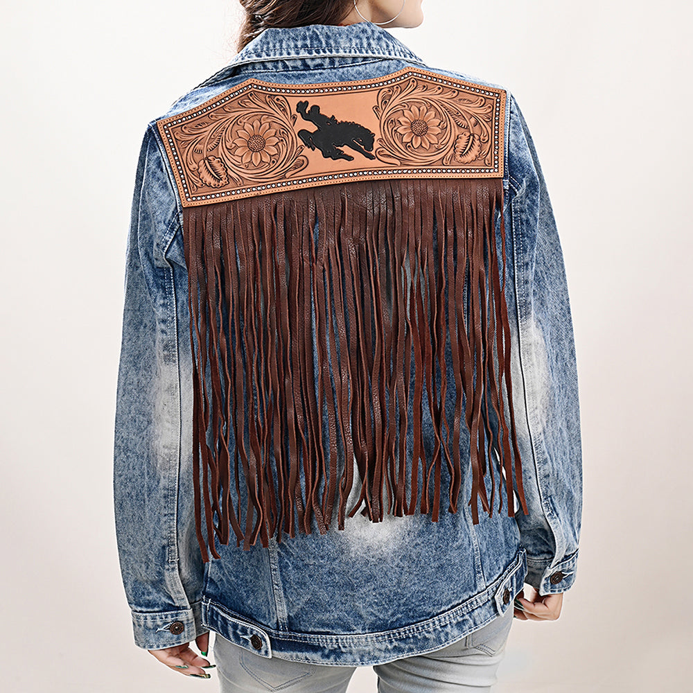 LC-ADJKT022 Bronc Rider Tooled Leather Denim Jacket - Fringe Western Style