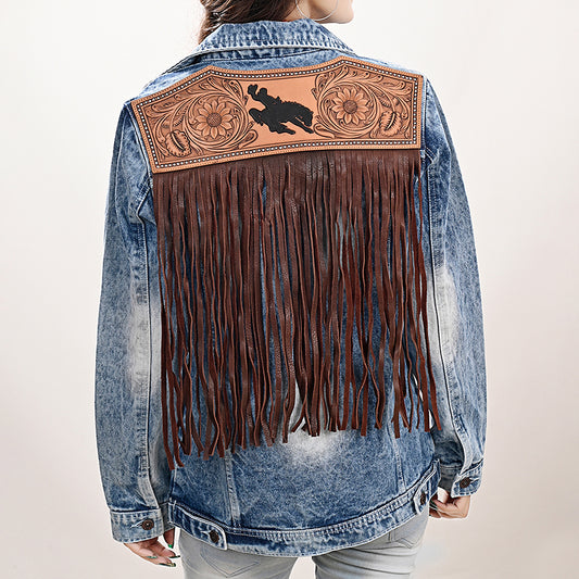 LC-ADJKT022 Bronc Rider Tooled Leather Denim Jacket - Fringe Western Style