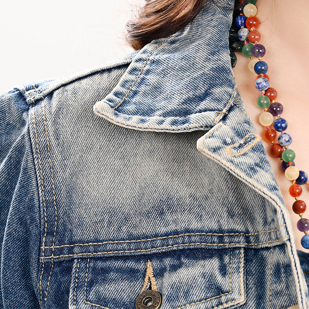 LC-ADJKT023 Tooled Leather Yoke Fringe Denim Jacket - Turquoise Trim Detail