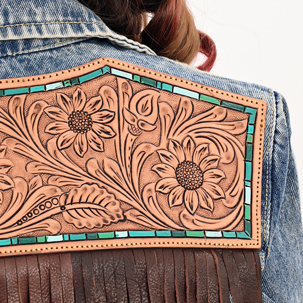 LC-ADJKT023 Tooled Leather Yoke Fringe Denim Jacket - Turquoise Trim Detail