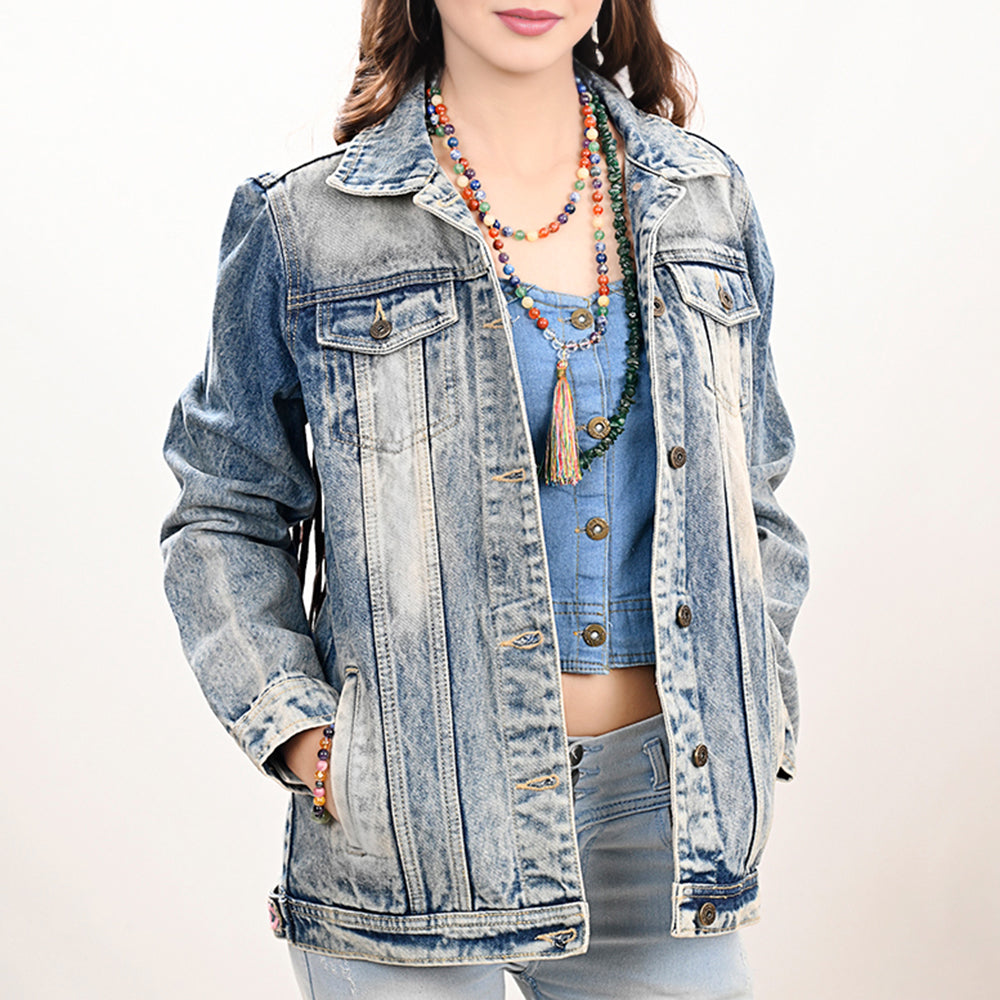 LC-ADJKT023 Tooled Leather Yoke Fringe Denim Jacket - Turquoise Trim Detail
